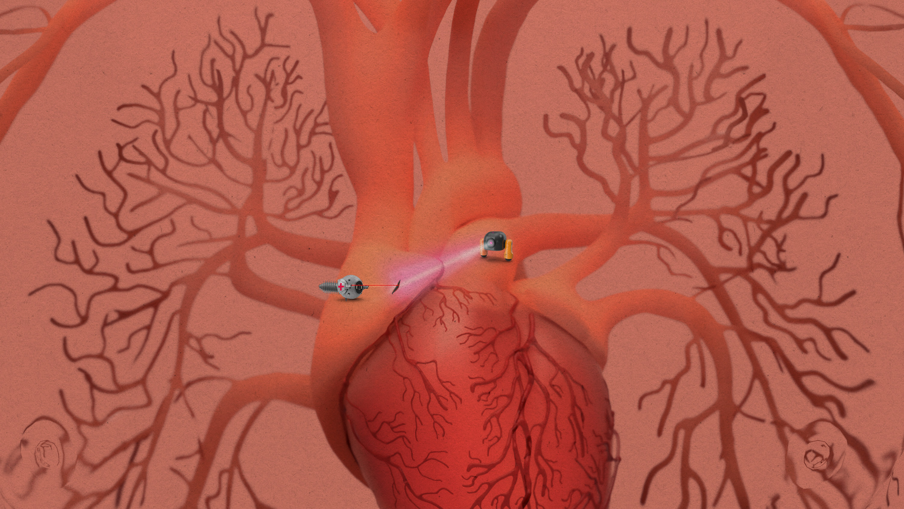 one tiny bot shines a light on a section of human artery as a second tiny bot cauterizes a hole with a laser