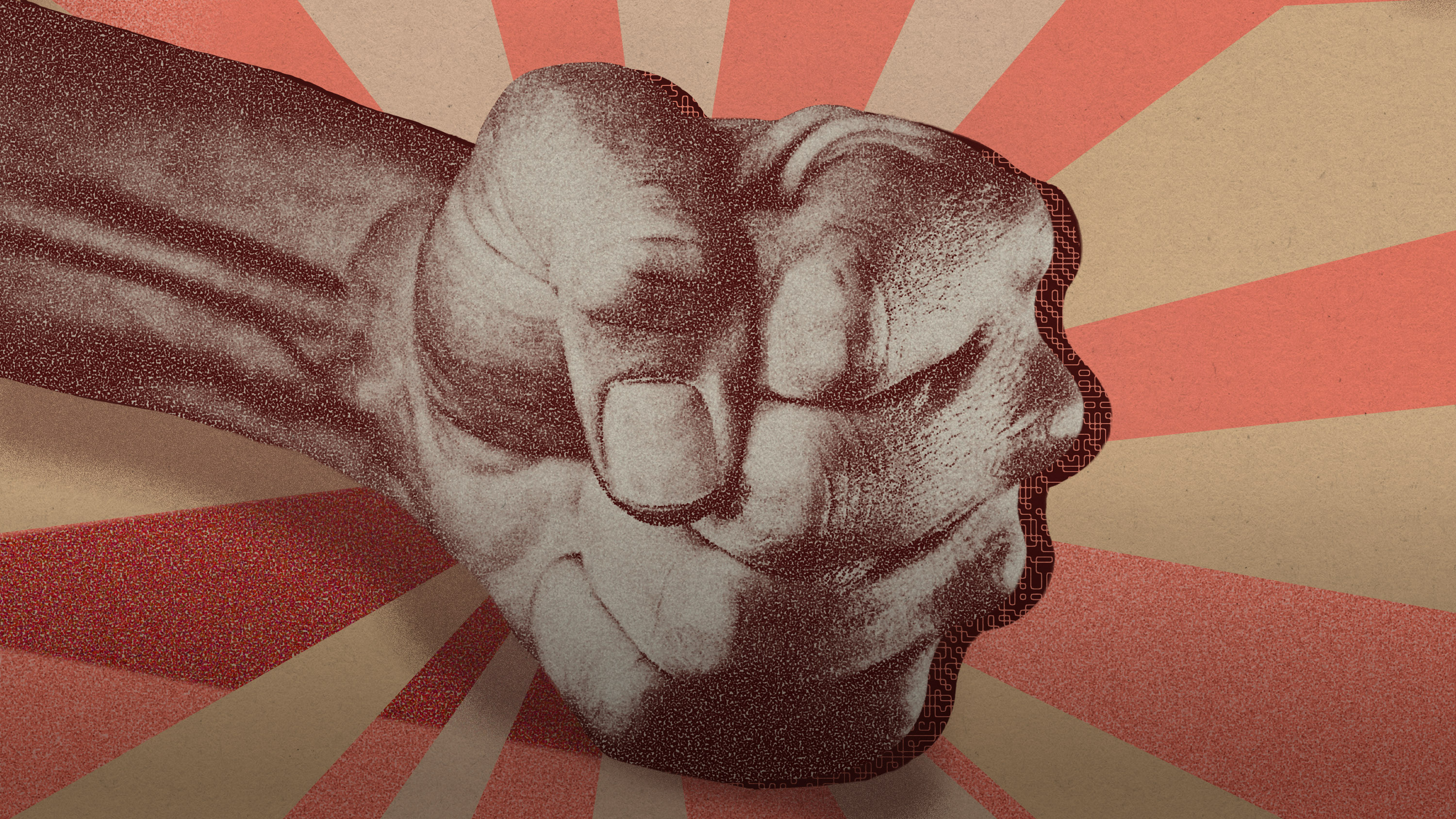 a fist slamming down in the style of agitprop posters