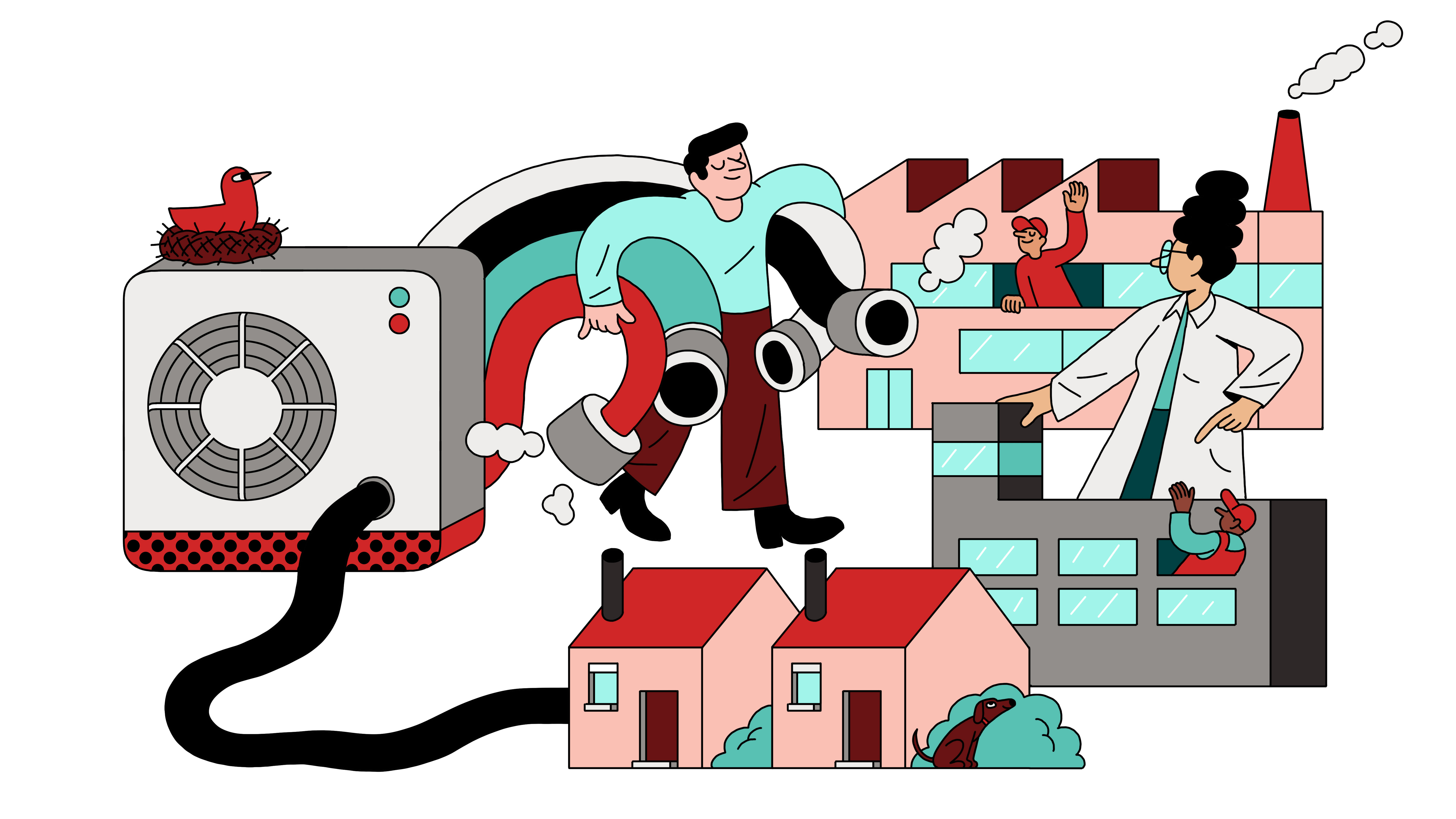 a heat pump powering homes while a person carries additional connectors to local factories and businesses. A bird has also made a home on top of the unit.