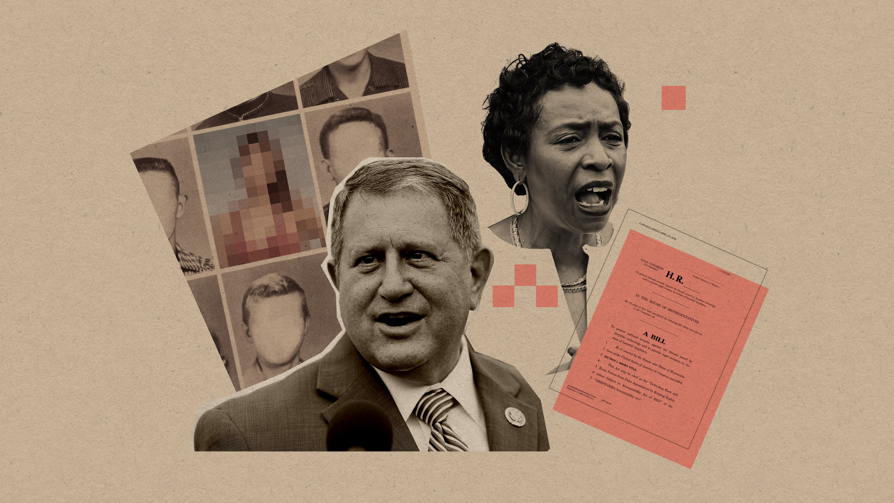 Rep Yvette Clarke and Rep Joe Morelle with the cover page of Clarke's bill and a yearbook page where a female student has been pixelated