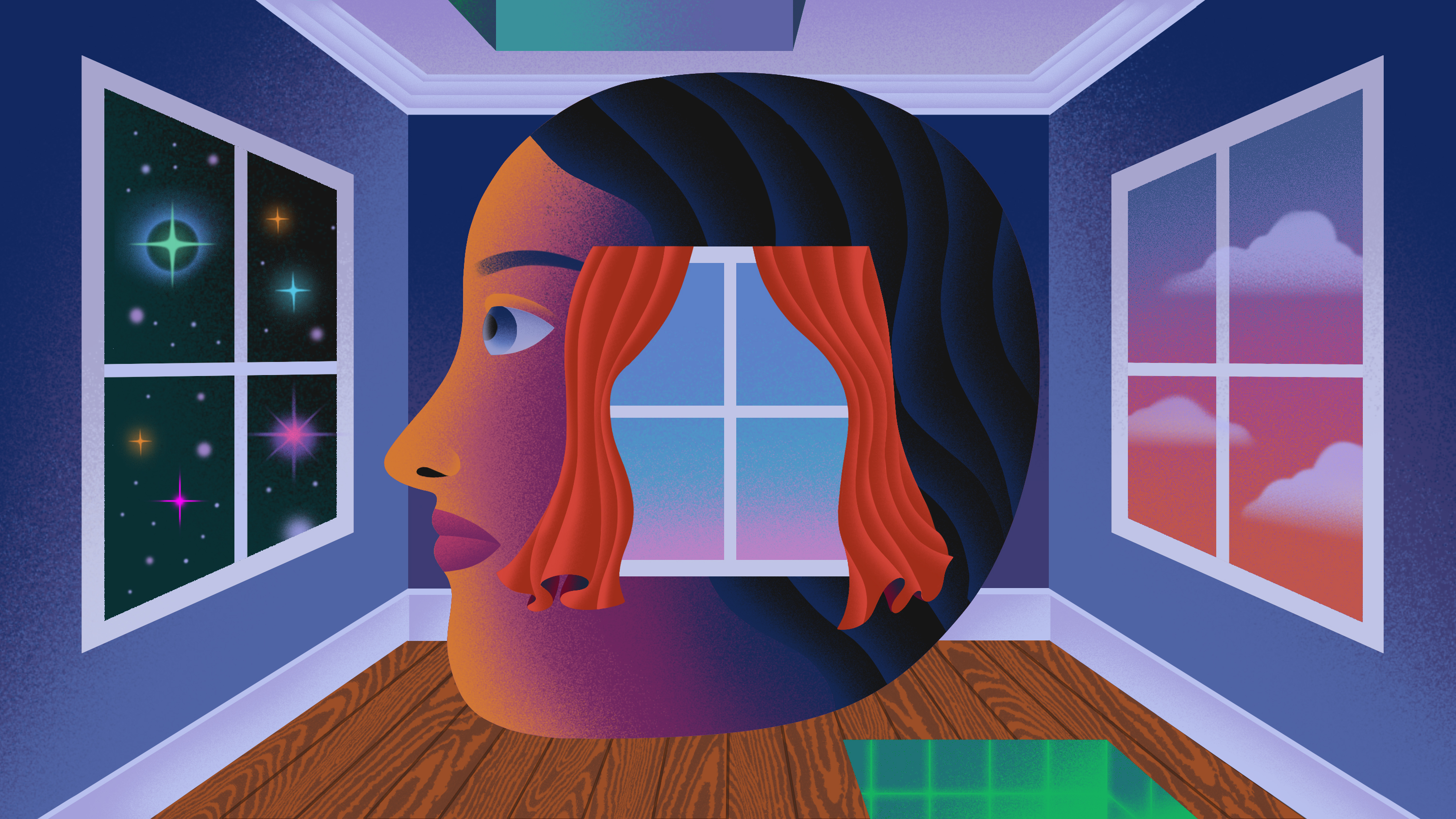 a head with a window where an ear would typically be, floats in a small room with windows on the walls, floor and cieling to abstract celestial spaces