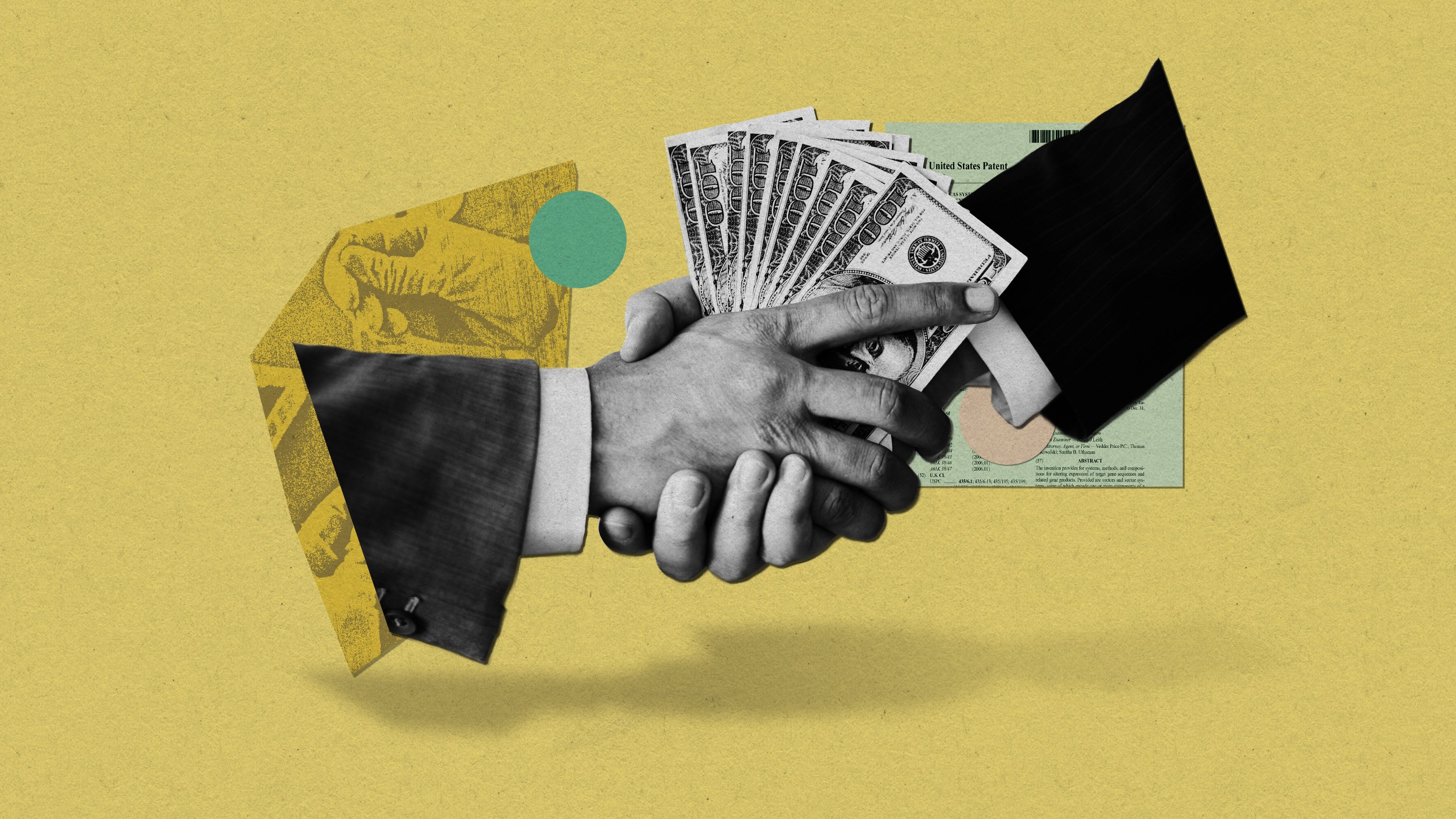 corporate handshake with money exchanged and fragments of biotech scene and a patent in the background