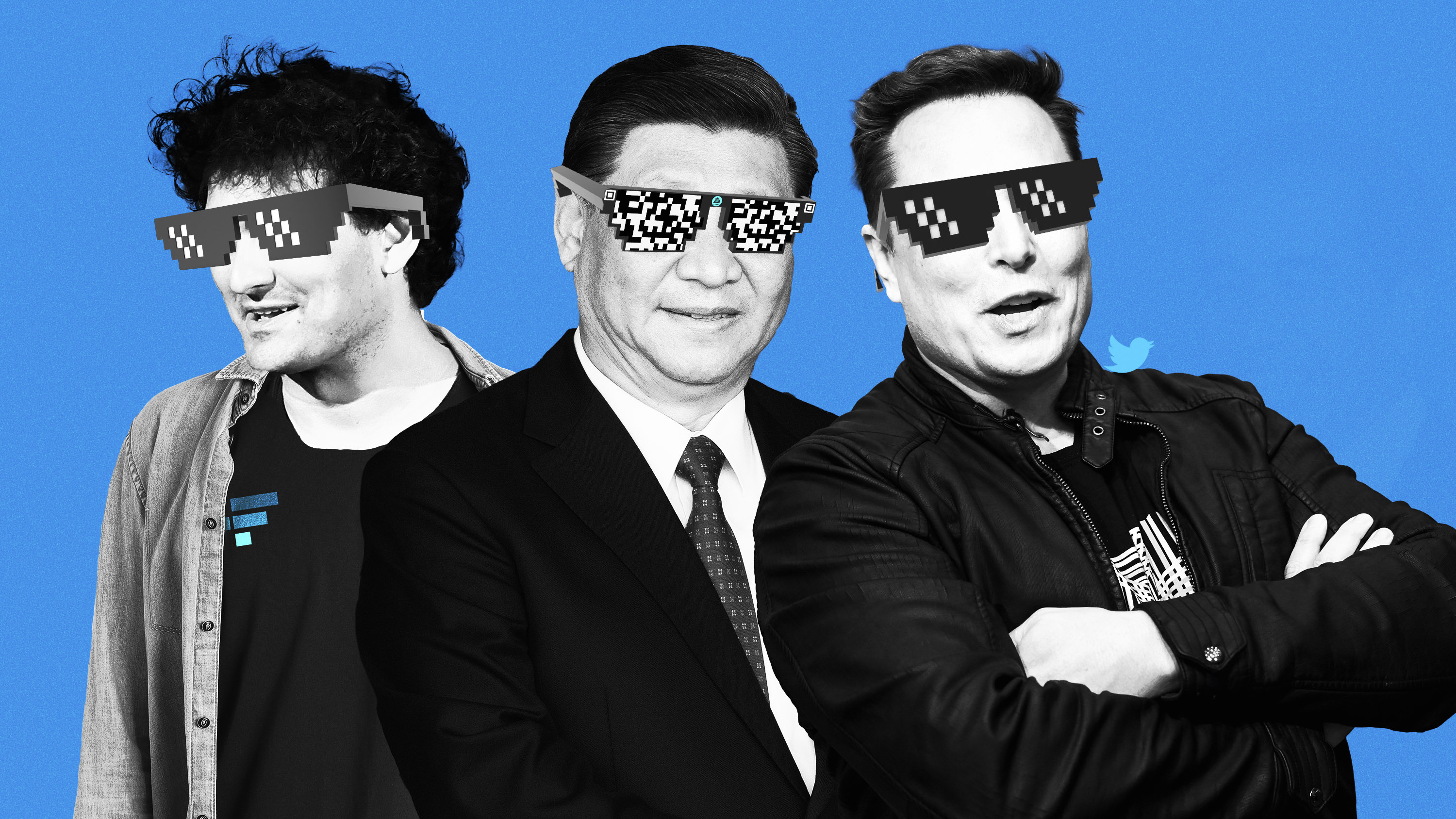 Sam bankman-Fried, Xi Jinping, and Elon Musk with "deal with it" sunglasses