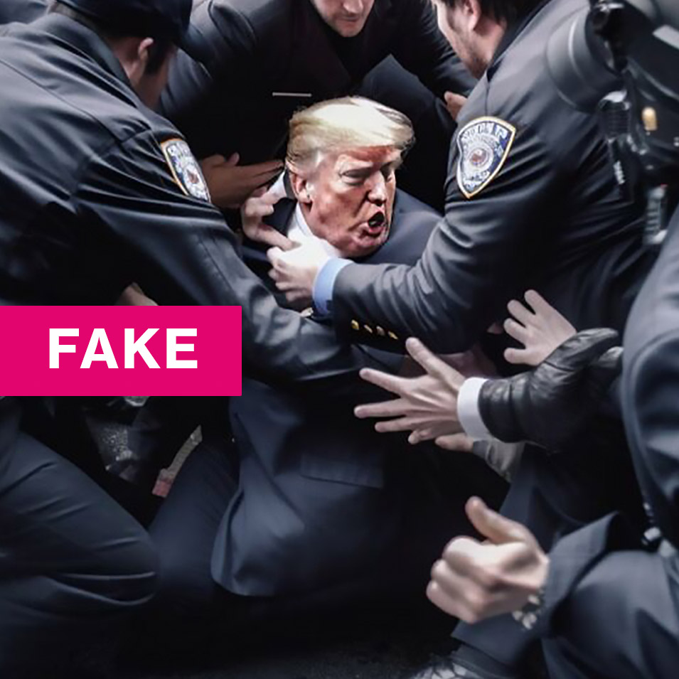 an ai-generated image of Trump being wrestled to the ground by a crowd of uniformed police with the caption FAKE on it