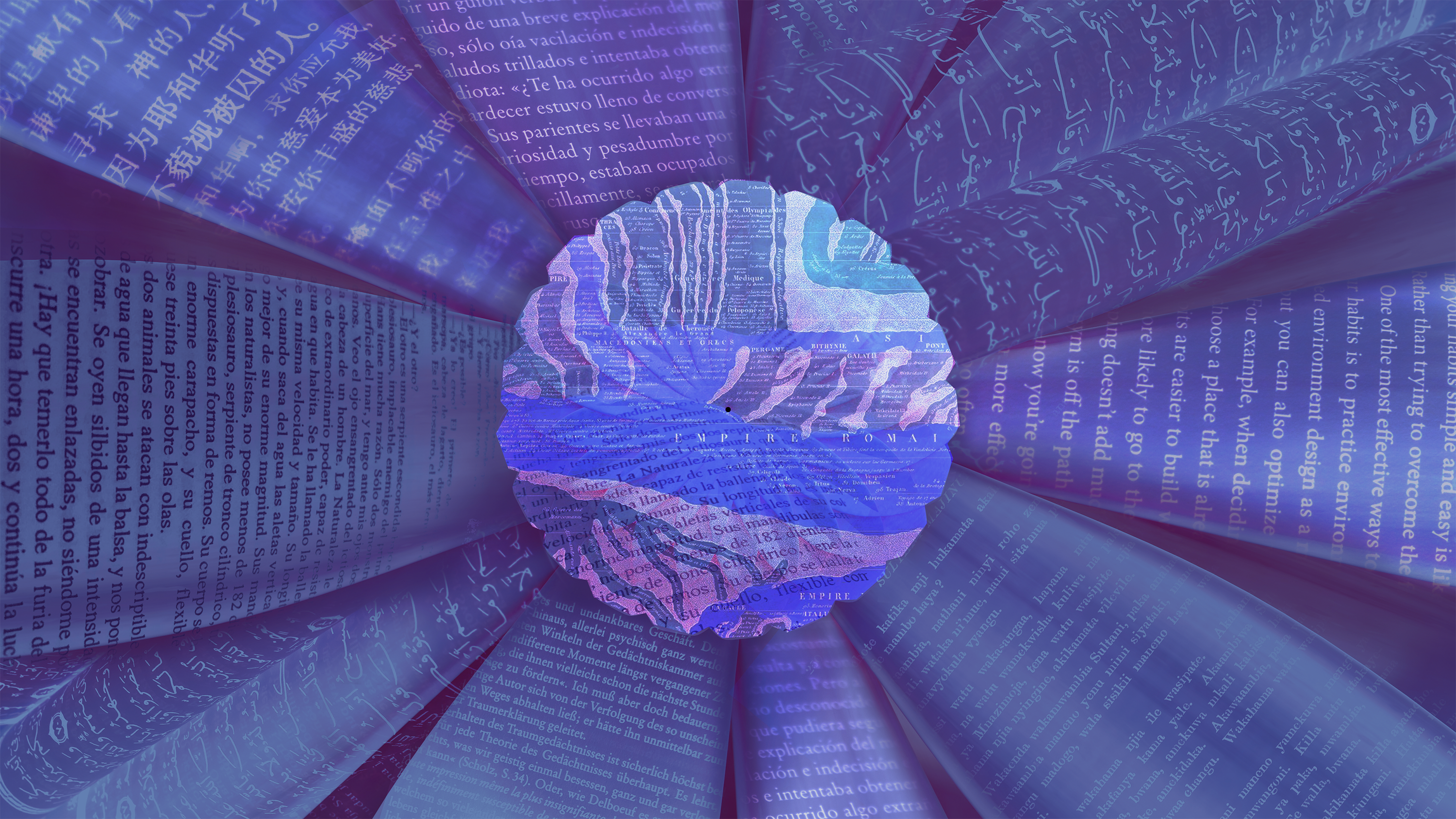 flower with textin multiple languages on the petals