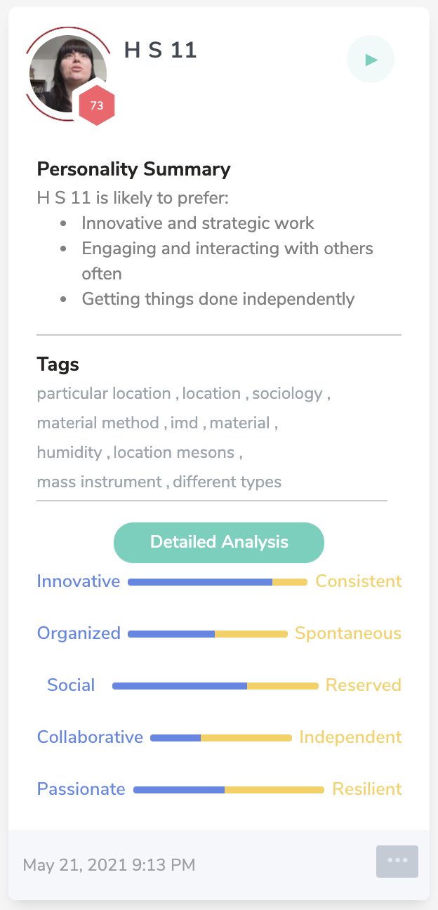 A report generated by an AI program shows a personality summary and analysis indicating the candidate is innovative and social.
